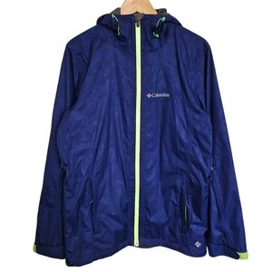 Columbia Omnitech Hooded Rain Jacket Small Blue/Purple With Neon Green‎